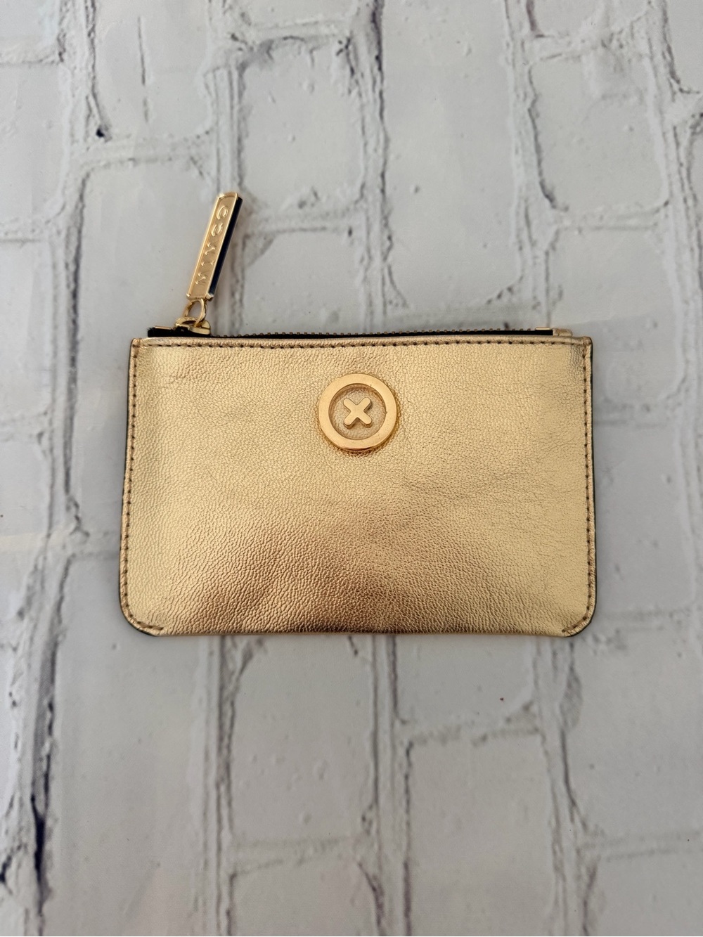 Mimco Metallic Gold Zip Card Holder with Medallion